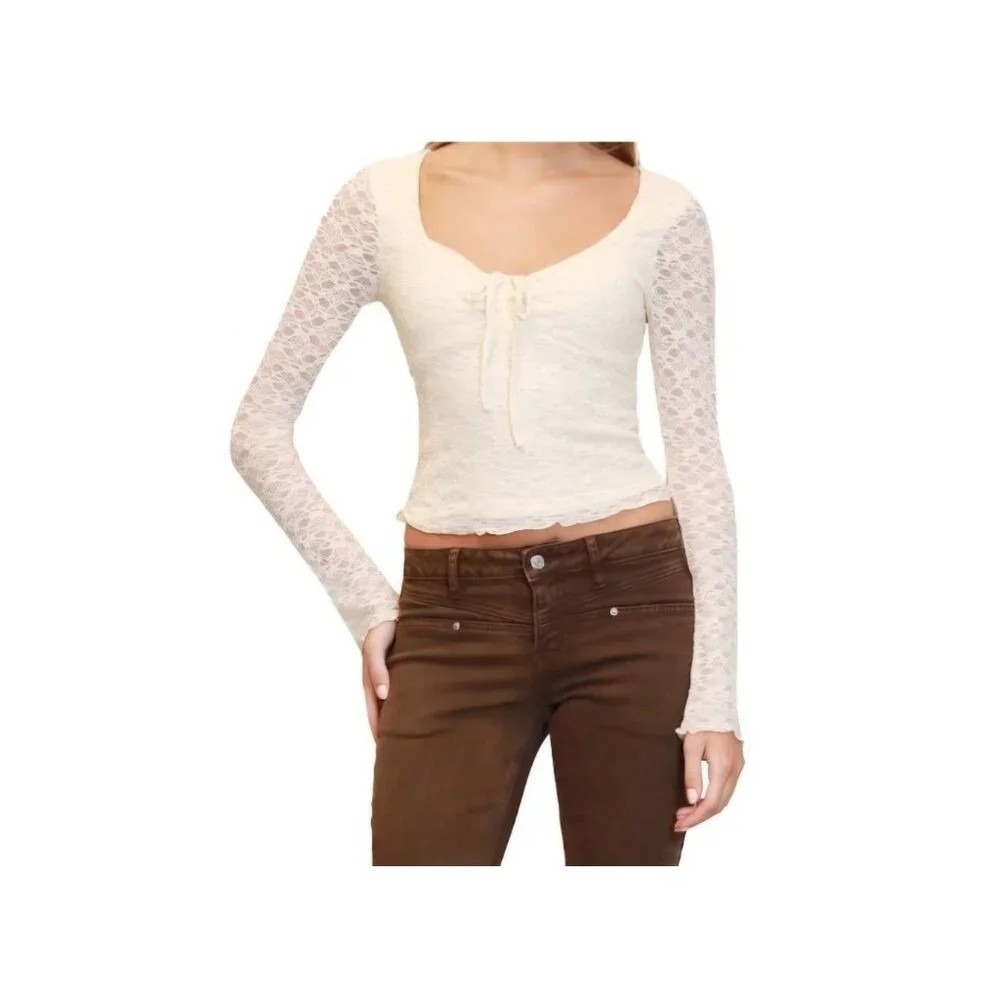 NWT Madden Cream Lace Y2K 90s Flare Sleeve Top Coquette Balletcore Sheer XL